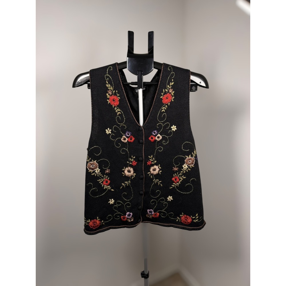 Vintage Designers Originals Studio Black Floral Embroidered Sweater Vest Medium